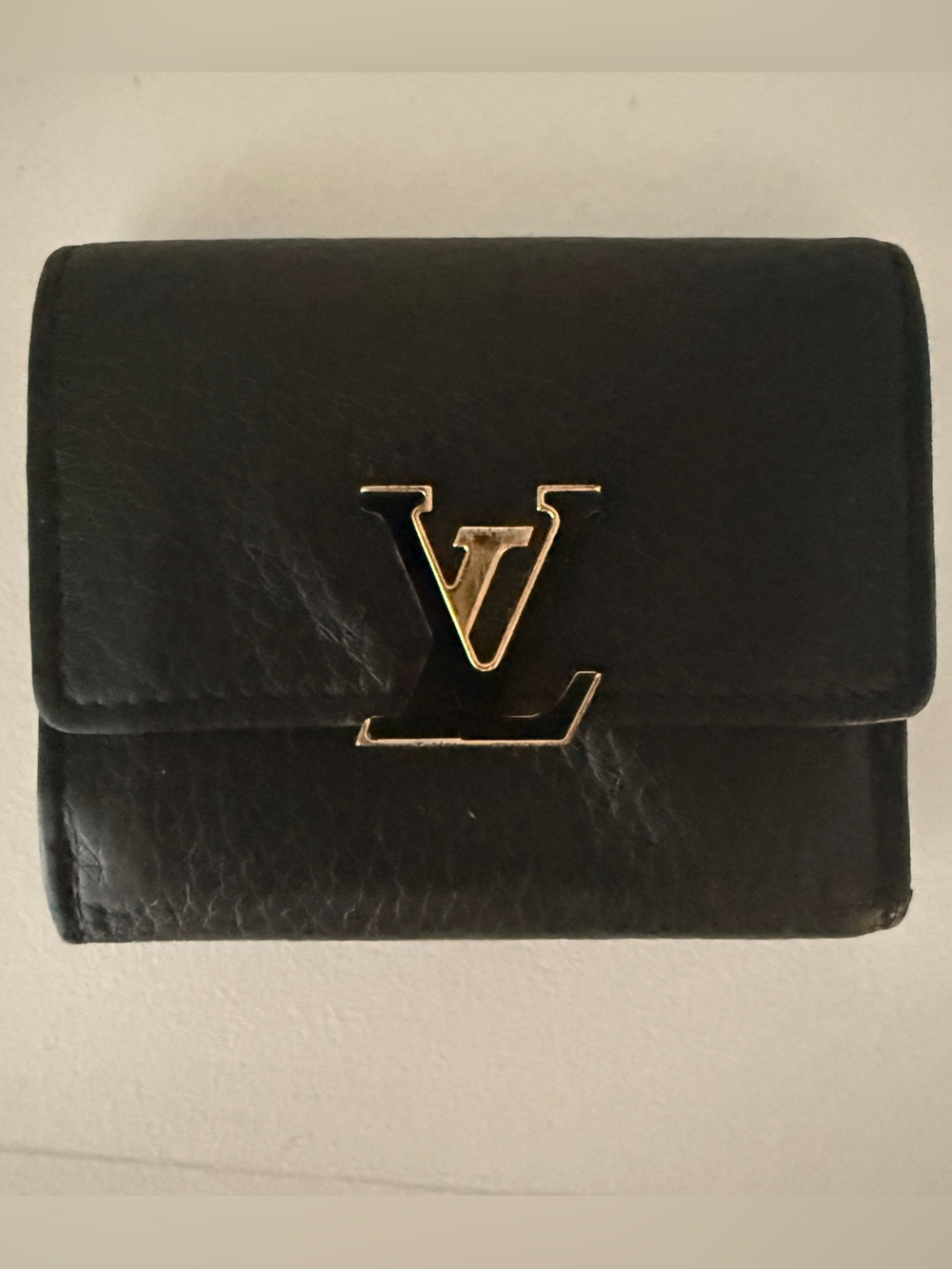 Louis Vuitton Black Leather Compact Wallet with Gold LV Emblem